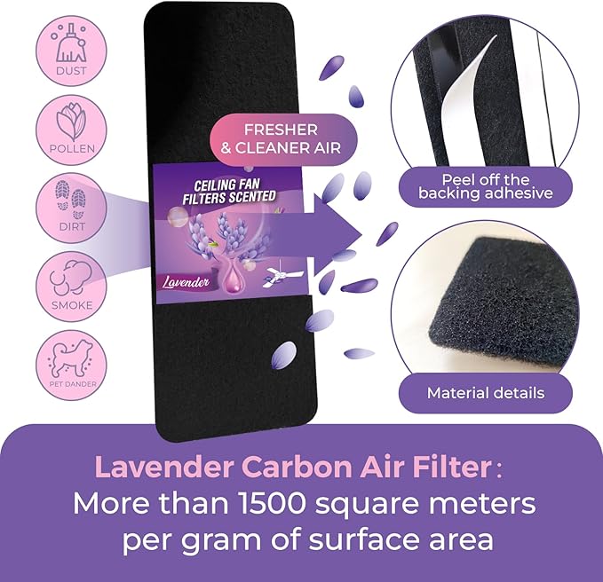 Ceiling Fan Filters Scented - Ceiling Fan Filters Activated Coconut Shell Carbon Ceiling Fan Blade Filters for Common Household Contaminants | Easy-Stick Universal Fit Lavender (3 Count)