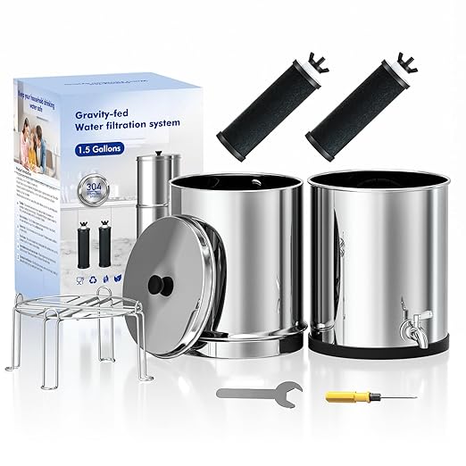 Purewell Gravity-Fed Water Filter System, 1.5 Gallon Stainless Steel Countertop Filtration System with 2 Black Purification Elements and Metal Spigot for Home and Outdoor Use（with Stand）