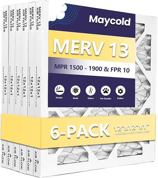 Maycold MERV 13 12x12x1 Air Filter (6-Pack), High-Efficiency Pleated AC & Furnace Filters, Actual Size: 11.70” x11.70” x 0.75”, Individually Wrapped in Plastic