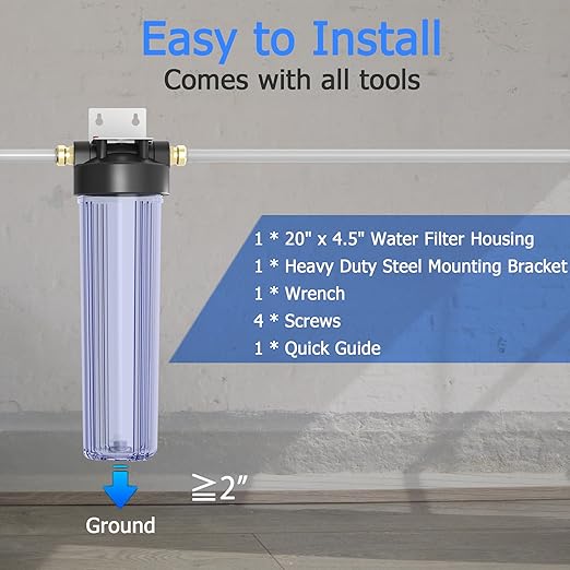 WHT20 Whole House Water Filter Housing, Fit 20"x4.5" Sediment etc Filters for Well and City Water, Big Filter Blue Pre-Filtration System for Home, 1" NPT Port, Pressure Release (Clear Housing)
