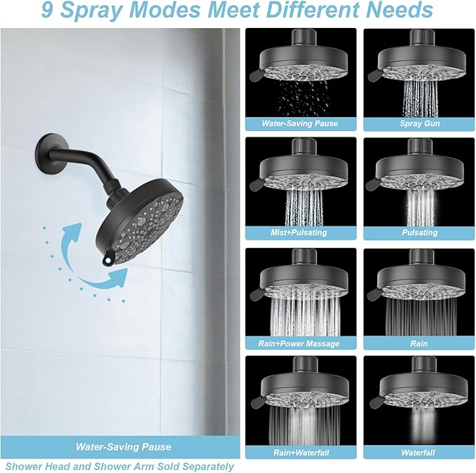 OFFO Shower Head, High Pressure Shower Head with Pause Mode, 9 Mode Fixed Showerheads for Strong Water Flow & Relaxing Shower Experience, Matte Black