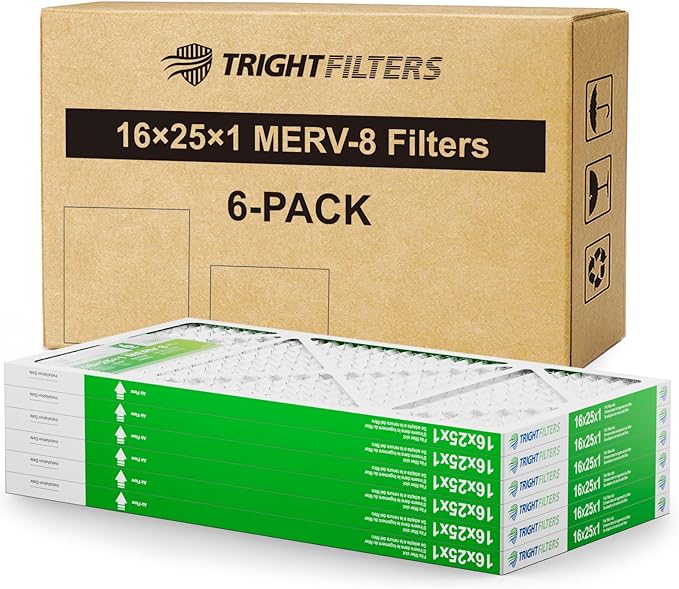 16x25x1 Air Filter 6 Pack, Durable MERV 8 Pleated Home HVAC AC Furnace Filters, Lightweight Compact Air Conditioner Filter Replacement