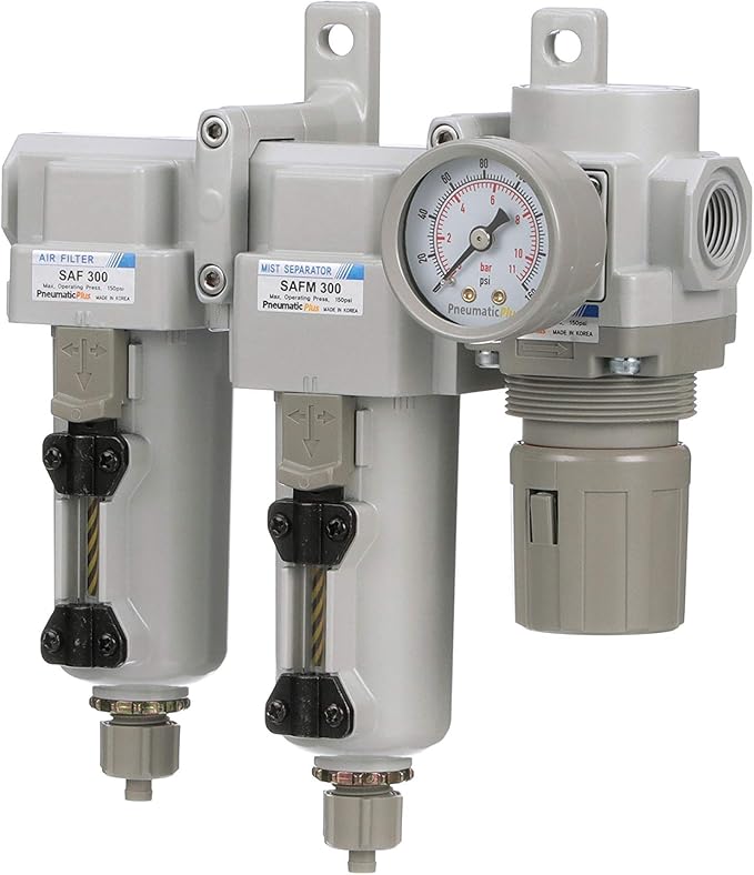 PneumaticPlus SAU330-N03G-MEP Three Stage Compressed Air Drying System - Particulate Air Filter, Coalescing Filter, Air Pressure Regulator Combo 3/8" NPT - Metal Bowl, Manual Drain, Gauge