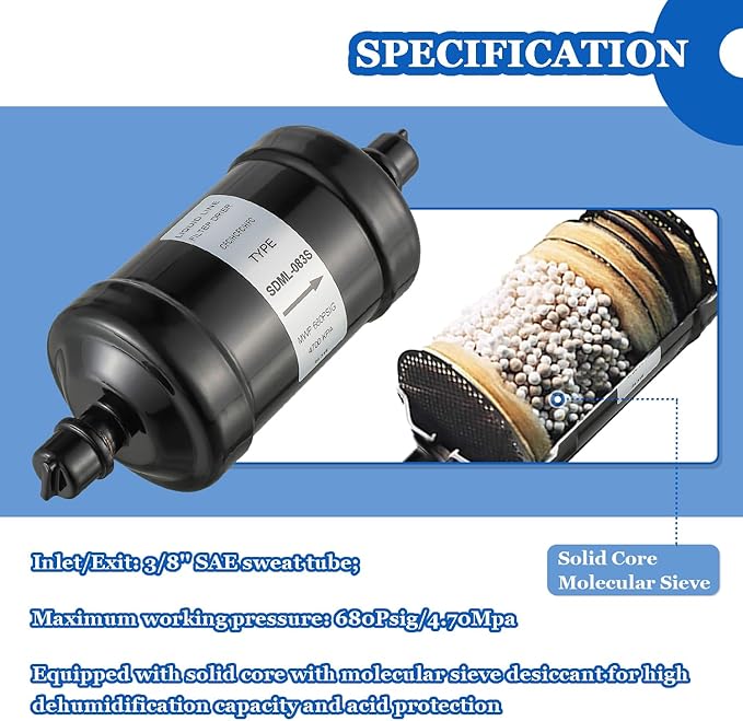 BOJACK Single Flow Refrigerant Filter Dryer Liquid Line SDML-083S 3/8" Sweat filter dryer for refrigeration for HFC CFC HCFC Straight Cool Air Conditioners from 1 to 5 Tons