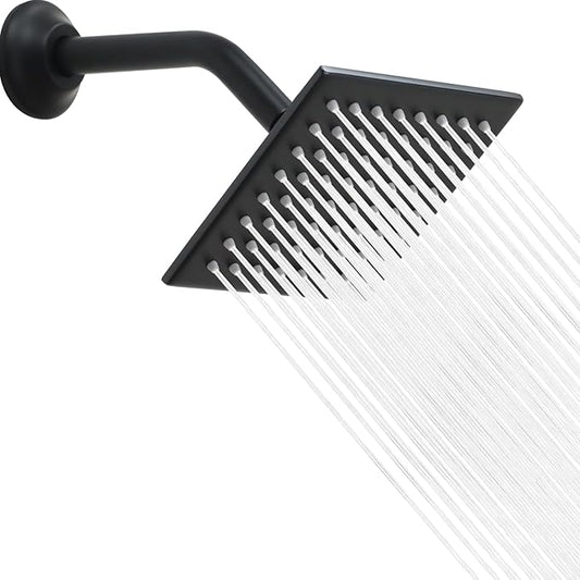 6 Inch Square Shower Head Black Stainless Steel High Pressure Rain Shower Heads with Extension Arm Adjustable Angle Replacement Shower Head for Modern Bathroom (Square, Black)