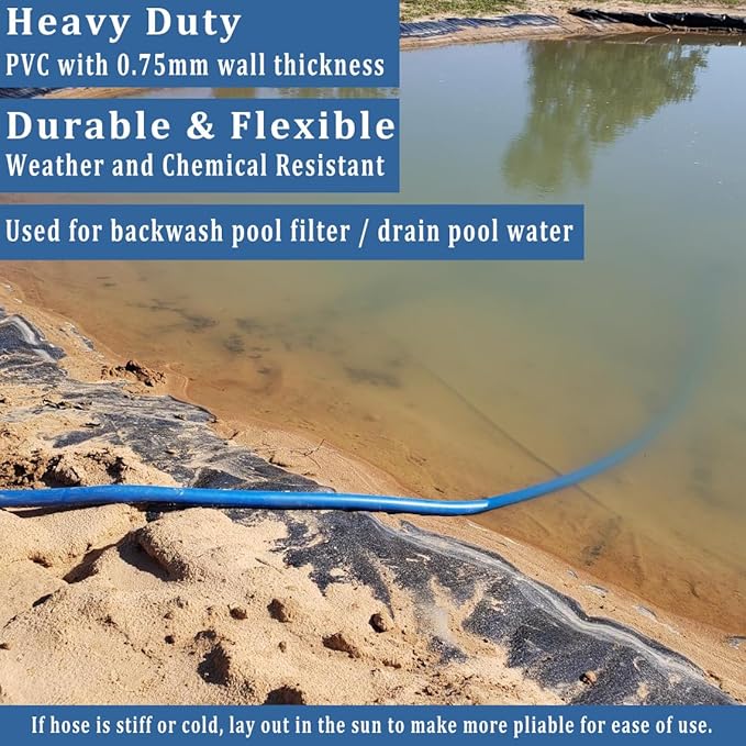 Pool Backwash Hose 2 inch × 50 ft Thicken Blue Water Discharge Pipe Lay Flat Tubing Hose for Backwash Pool Filter, Drain Pool Pond Water (2in-50ft, Vinyl Tubing)