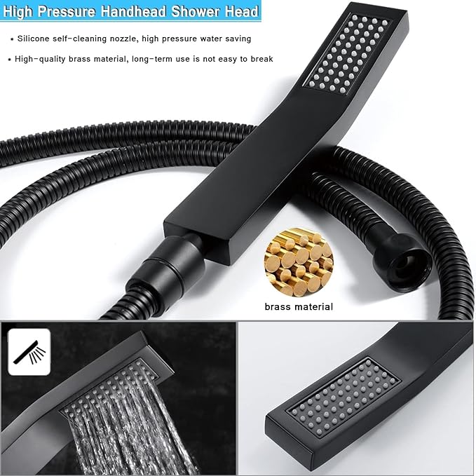 All Metal Rain Shower Heads with Handheld Spray Combo, High Pressure Square 10'' Shower Head with 11'' Extension Arm, Black Shower Head with 78'' Anti-leak Hose, Dual 2 in 1 Waterfall Showerhead