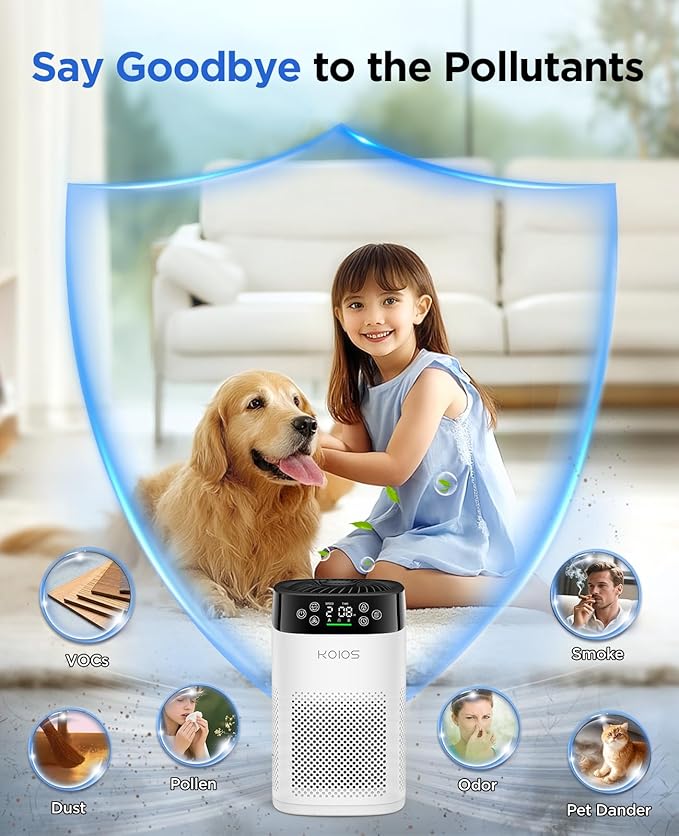 Air Purifiers for Bedroom Home, KOIOS H13 True HEPA Air Purifier for Large Room Pet Hair Filter Covers Up to 1200 ft², Air Quality Sensor, Fragrance Sponge, Air Cleaner for Smoke Odor Dander Pollen