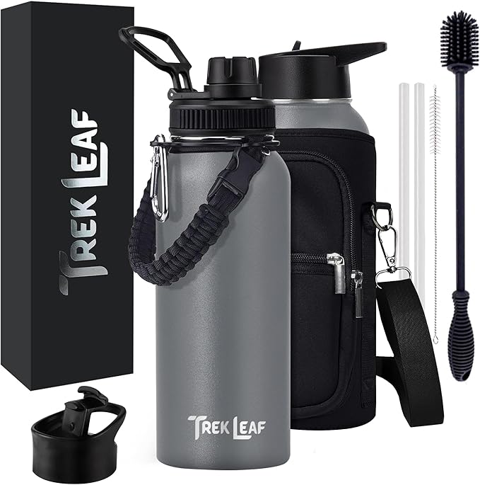 Travel Water Bottle with 3 Lids (Spout, Straw, Flip) Leak Proof, Quality, Vacuum Insulated, Stainless Steel (Gray, 32 oz)