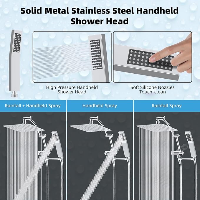 Hibbent All Metal 12'' Rainfall Shower Head, Dual Shower Head Combo, High Pressure Handheld Shower Wand, 16'' Adjustable Arc-shaped Shower Extension Arm, 71'' Hose, Showerhead Holder, Chrome