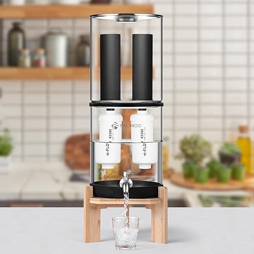 Glass Gravity-Fed Water Filter System, Countertop System with 2 Black NSF/ANSI 42 Certification Elements, 2 Fluoride, Metal Spigot and Stand, Reduces Fluoride and Chlorine, 2.25G
