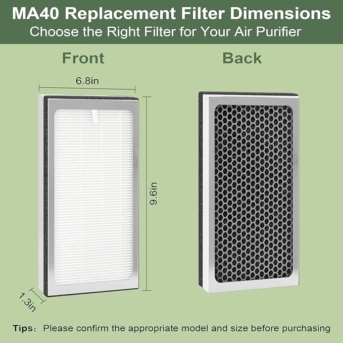MA40 Replacement Filter Compatible with MA Air Purifier 40 Series MA40 MA40W MA40B,3-In-1 Filtration System of MA40,H13 True HEPA Filter with Activated Carbon Filter,4 Pack