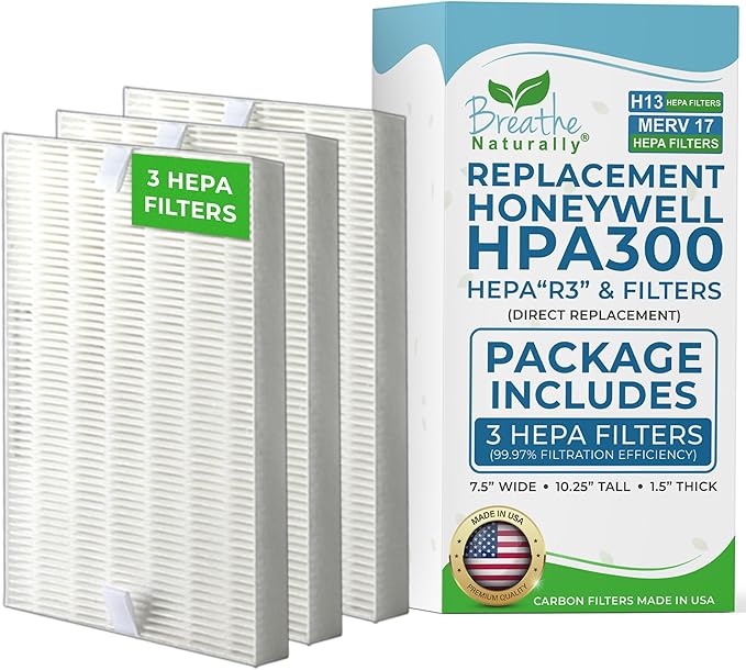 Breathe Naturally "R" Replacement Air Filters Compatible with Honeywell Air Purifier HPA300, HPA200 and HPA100 Series - True Honeywell HEPA Filter for Home Purifiers -7.5"x10.25"x1.5" (3 HEPA Filters)