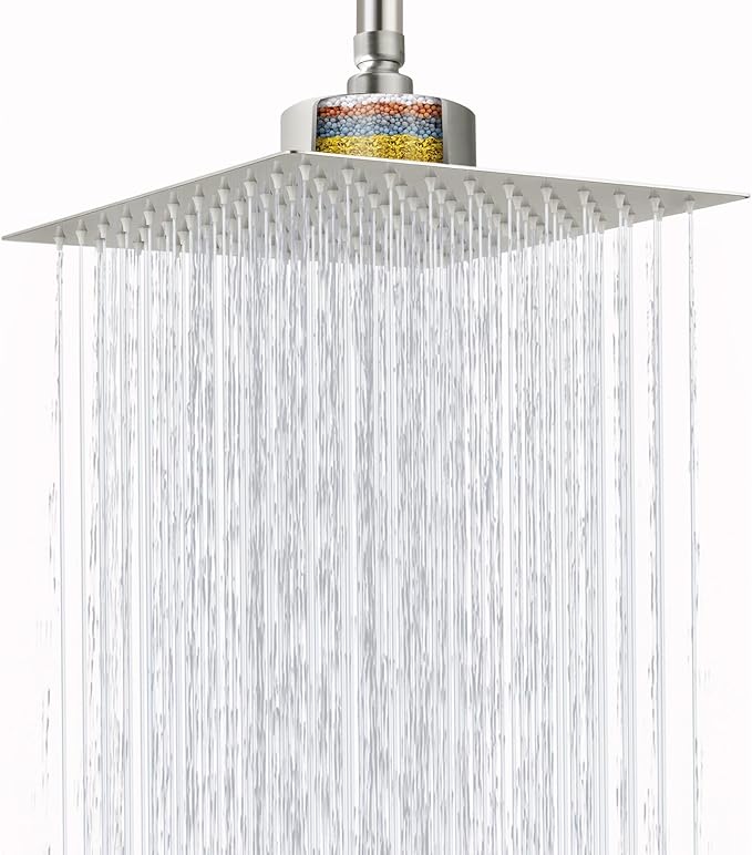 High Pressure Rain Shower Head with Filtered - 10" All Metal Square Showerhead Filter for Remove Chlorine and Harmful Substances, Brushed Nickel