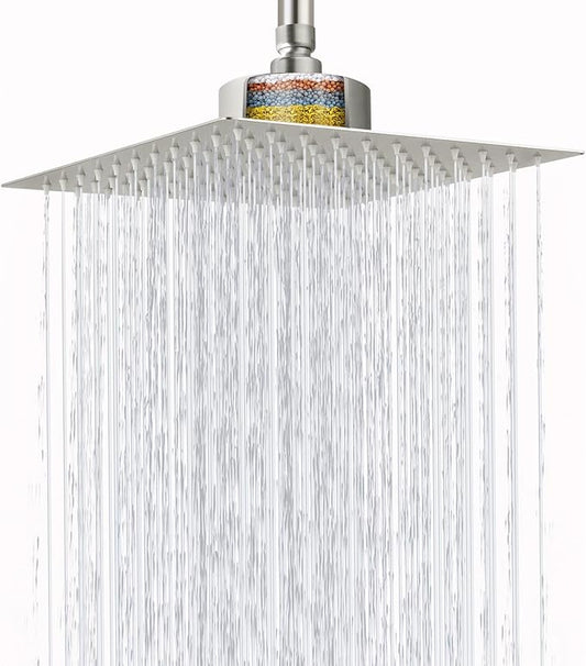High Pressure Rain Shower Head with Filtered - 10" All Metal Square Showerhead Filter for Remove Chlorine and Harmful Substances, Brushed Nickel