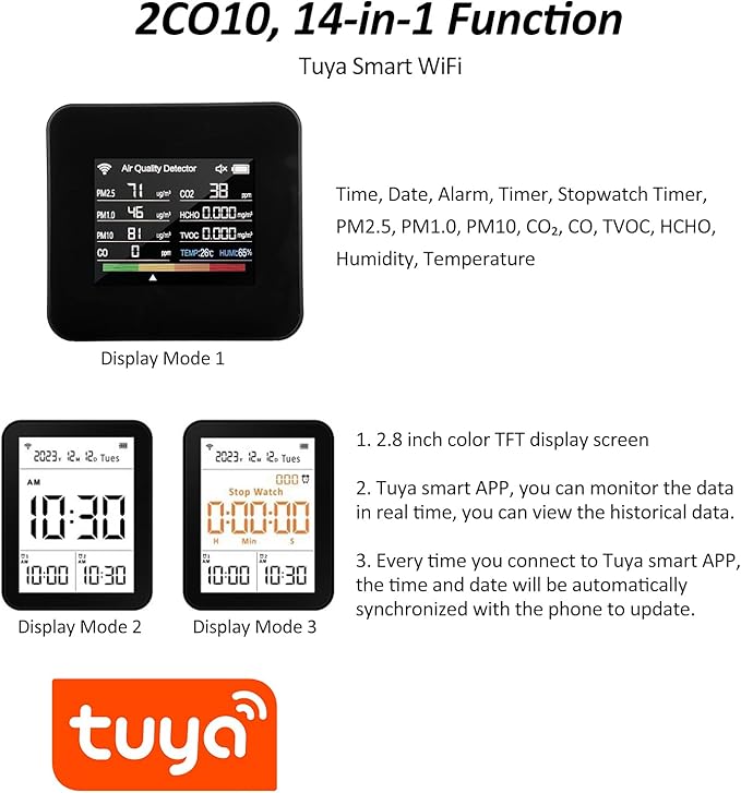 14 in 1 Indoor Air Quality Monitor Air Quality Detector CO₂ CO TVOC HCHO Temperature Humidity PM2.5 PM1.0 PM10 Desktop Air Quality Tester with Time/Date/Alarm Clock/Timer/Stopwatch Support APP Control