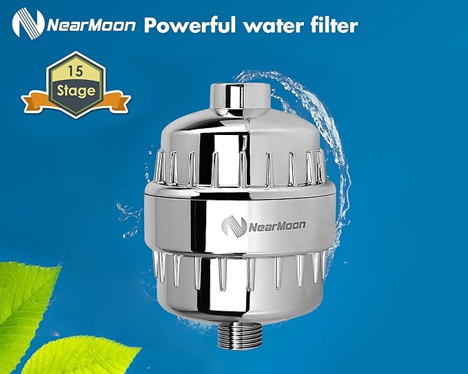 NearMoon Shower Head and 15 Stage Shower Filter Combo, High Pressure Filtered Shower for Hard Water, Improves the Condition of Your Skin, Hair (8 Inch, Chrome)