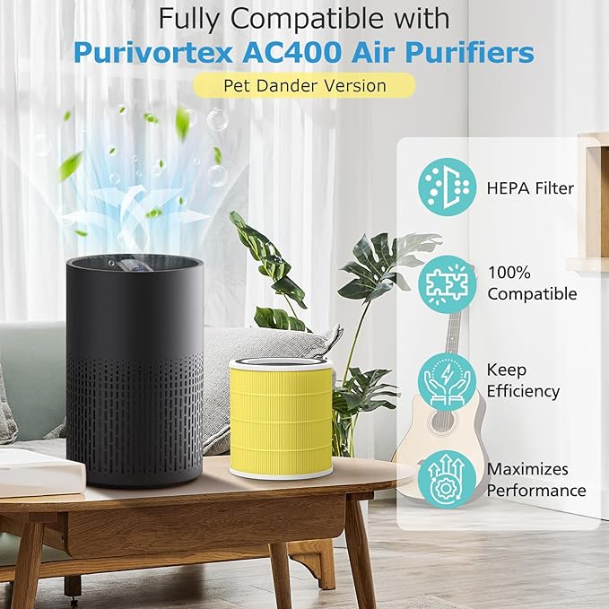 2 Pack AC400 Pet Care Replacement Filter for Purivortex AC400 Air Purifier, 3-in-1 HEPA Filters with High Efficiency Activated Carbon Filter, Yellow