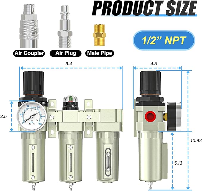 Heavy Duty Industrial Grade 1/2" NPT 3 Stage Air Drying System,Coalescing Filter, Particulate Filter, Desiccant Dryer and Air Regulator, Manual Drain, For Plasma Cutter and Paint Spray