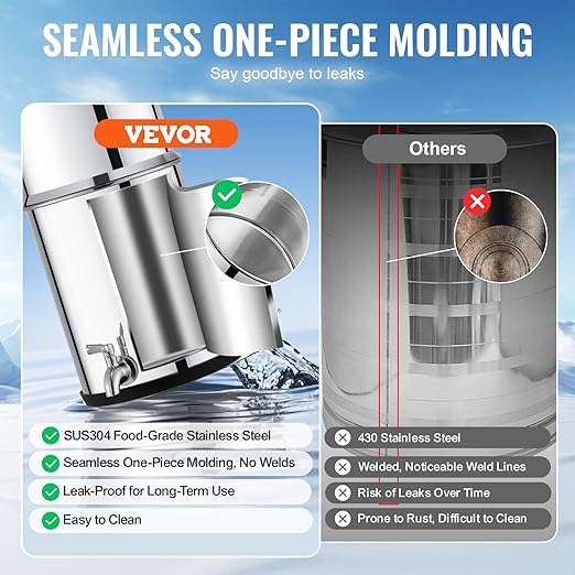 VEVOR Gravity-fed Water Filter System, 2.25G 304 Stainless-Steel Countertop Water Filtration System, Reduces Lead and up to 99% of Chlorine, with 2 Ceramic Carbon Filters, Spigot, and Stand