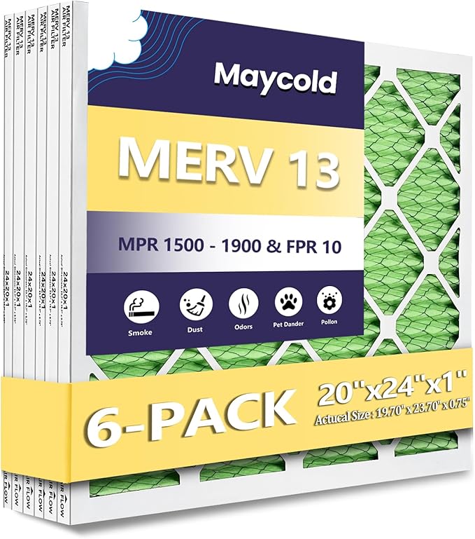 Maycold MERV 13 20x24x1 Air Filter (6-Pack), High-Efficiency Pleated AC & Furnace Filters, Actual Size: 19.70" x 23.70" x 0.75", Individually Wrapped in Plastic