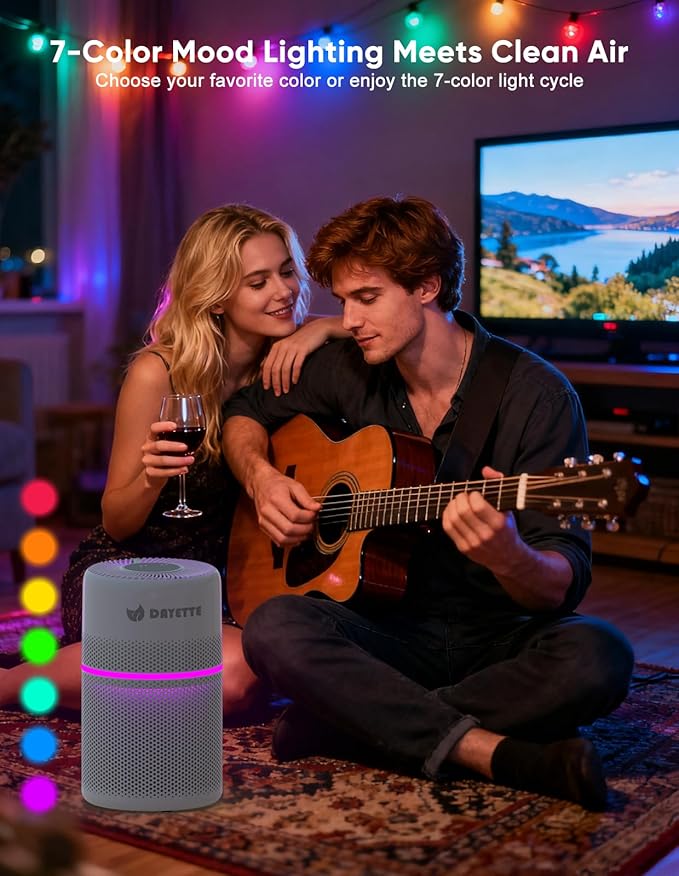 Air Purifiers for Bedroom with 7 Color Light, DAYETTE Smart Wifi H13 Air Purifier for Home Large Room Up to 1500 Ft², APP Control & 20 dB Sleep Mode for Dust Pollen Dander Smoke