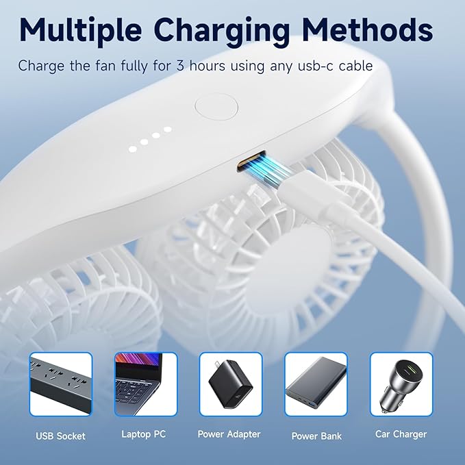 HandFan 5000mAh Neck Fan, 26H Longest Runtime - 6 Speeds Visible Blades Portable Fan, 360° Flex Neck for Gym Office Travel, Safety Grille & Hair Protection (White)