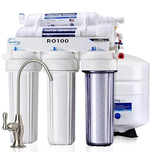 iSpring RO100 Under Sink 5-Stage Reverse Osmosis Drinking Water Filtration System High Capacity 100 GPD Fast Flow, 1:1 Pure to Waste Ratio, US Made Filters