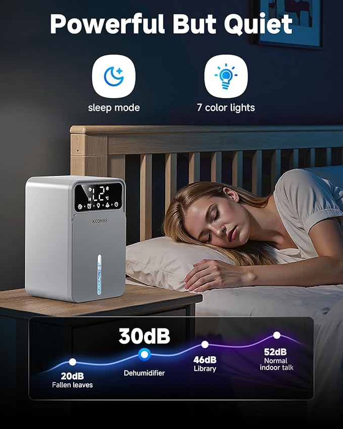 Dehumidifier, Dehumidifiers for Home, 60 OZ Water Tank, 500 sq.ft Dehumidifier for Bathroom, Bedroom, Basement with Auto Shut Off, Timer, 7 Colors LED Light (White)