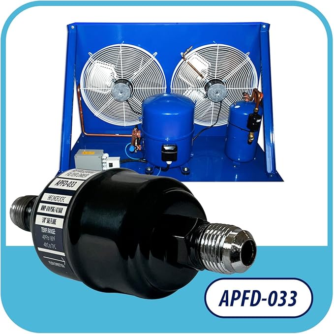 Appli Parts APFD-033 3/8 in Liquid Line Refrigerant AC Filter Drier hvac Refrigeration 033 SAE Flare connection universal unidirectional 4-1/2 in long 1-3/4 in wide
