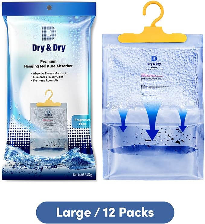 Dry & Dry Premium Moisture Absorbers Dehumidifiers for Home, Basement, Bedroom, Small Dehumidifiers - Blue & White (Pack of 12) 14 ounce