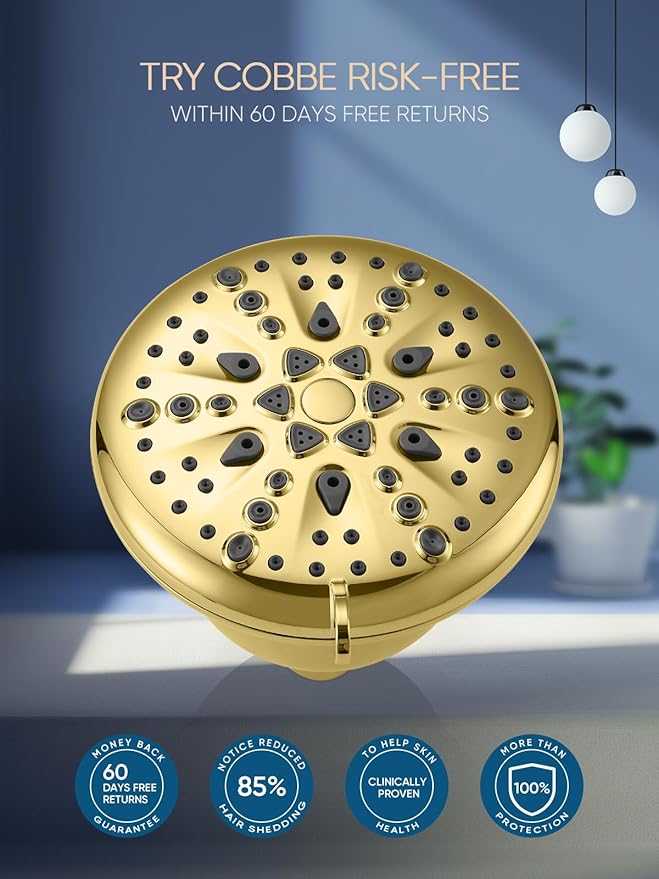 Cobbe Filtered Shower Head, 7 Modes High Pressure Shower Heads - 16 Stage Shower Head Filter for Hard Water for Remove Chlorine and Harmful Substances (Egyptian Gold, 5 Inch Round)