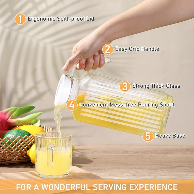 Gejoy 4 Pieces 60 oz Glass Pitcher with Lid Fridge Juice Glass Water Pitcher Beverage Drink Containers Jug for Fridge Iced Tea Lemonade Milk Cocktails Cold