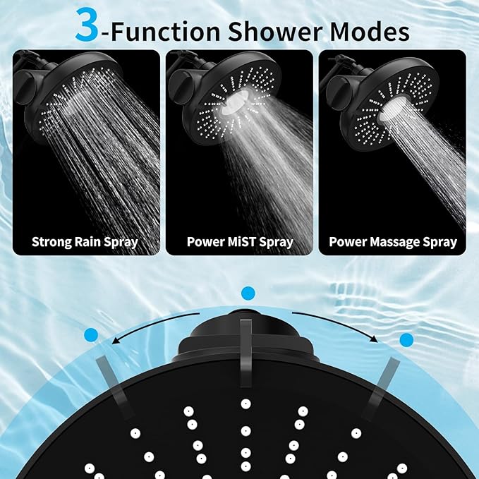 Filtered Shower Head with Extension Arm - EMBATHER 8 Inch High Output Showrhead with 3 Spray Settings, 18 Stage Filter for Hard Water, 11" Adjustable Arm, Brass Swivel Ball Jiont, Matt Black