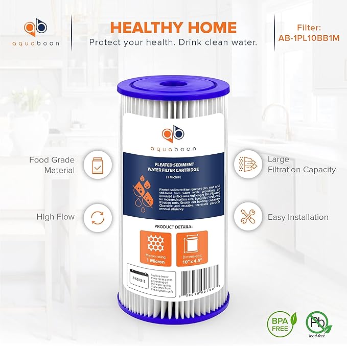 Aquaboon 1 Micron Pleated Water Filter 10 x 4.5 for Whole House Sediment Water Filter Replacement Compatible with Well Filters FXHSC, R50-BBSA (20-PACK)