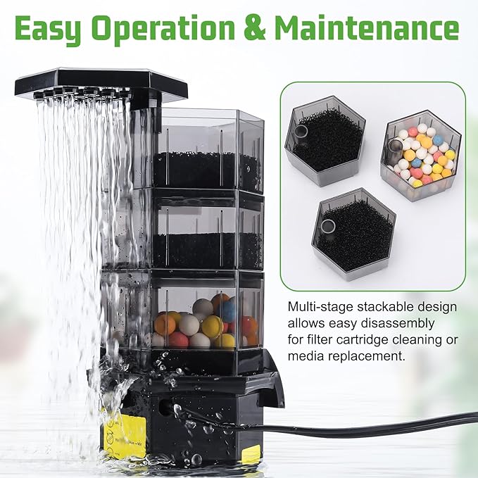 hygger Turtle Tank Filter with Adjustable Flow for Reptiles Frogs:Combinable Four-Layer Aquarium Filter,130GPH Quiet in-Tank Filter with Filter Media for 10 to 40 Gallon Low Water Level Aquarium