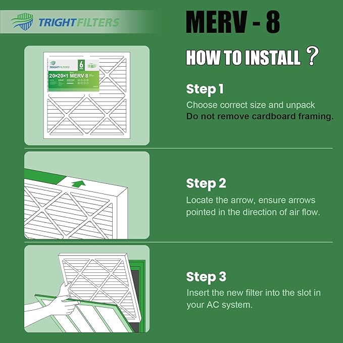 20x20x1 Air Filter 6 Pack, Durable MERV 8 Pleated Home HVAC AC Furnace Filters, Lightweight Compact Air Conditioner Filter Replacement