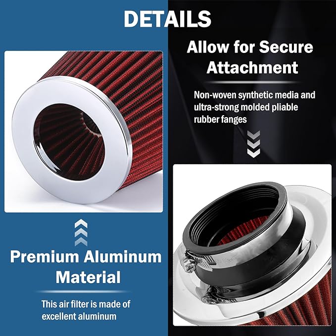 Cold Air Intake Filter,Universal Clamp-On Air Intake Filter, High Performance, Washable Filter, Replacement Air Filter, Flange Diameter 3inch/76mm (Red)