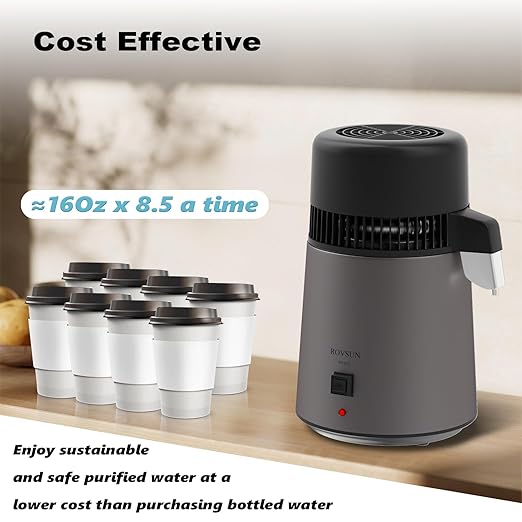 ROVSUN 1.1 Gallon/4L Water Distiller for Home Countertop, Stainless Steel Interior & BPA-Free Container, 750W Distilled Water Machine Water Maker Purifier, Distilling Pure Water Maker, 1L/H, Gray