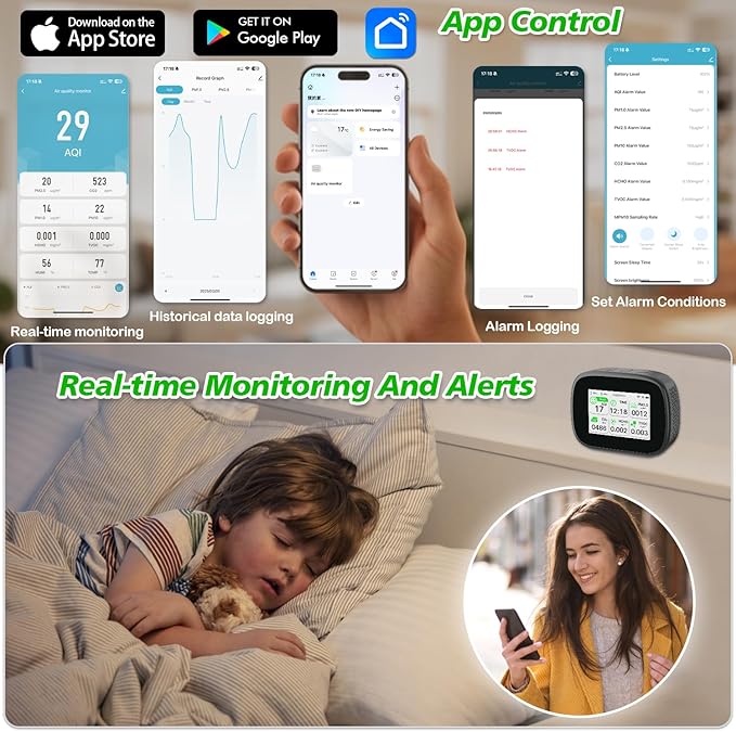 18-in-1 Smart Air Quality Monitor - Indoor WiFi Air Quality Detector with Dual Chip, Real-Time for AQI, CO2, PM2.5, PM1.0, PM10, TVOC, HCHO, Time Display, Temperature & Humidity with Aler (Black-W)