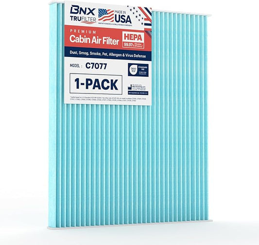 BNX TruFilter C7077 Cabin Air Filter, HEPA 99.97%, MADE IN USA, Compatible With Ford Edge, Fusion, Police Responder Hybrid, SSV Plug-In Hybrid; Lincoln Continental, MKX, MKZ