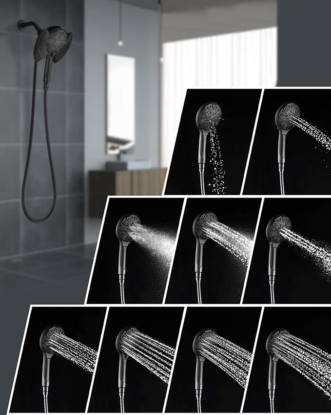 2-in-1 Shower Head with Handheld Combo: 2.5GPM Rainfall & Handheld Shower Head Use Together or Alone, 9 Spray Settings Hand Held Shower Head with Hose, Black