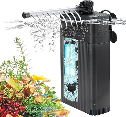 Internal Fish Tank Filter with 18W UV Light, Multi Filter Materials, Adjustable Water Flow Submersible Aquarium Filter Pump for 60 ~ 90 Gallon Freshwater or 40 ~ 60 Gallon Saltwater, TU-1300(350GPH)