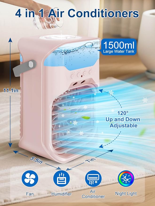 Portable Air Conditioner, 1500ML, Removable & Washable Fan Blades, Timer Function, 4 Speeds, 2 Cool Mists, 7-Color Light, Personal Evaporative Air Cooler for Home, Office, Bedroom, and Camping-Pink