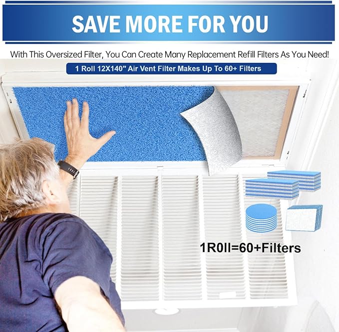 UBeesize Air Vent Filters, 140" x 12" Cut to Size Air Filter Material (60+ Filters), MERV 8 Triple Vent Filter Kit for Home Floor, Grilles, Ceiling, HVAC Furnace Vents, With 48PCs Adhesive Hook Tape