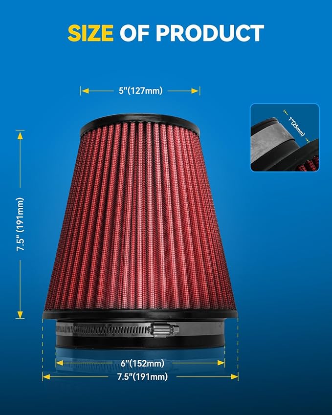 PHILTOP Universal Clamp-On Air Intake Filter, RU-1041,High Performance, Premium, Replacement Air Filter: Flange Diameter: 6 In, Filter Height: 7.5 In, Flange Length: 1 In, Shape: Round Tapered