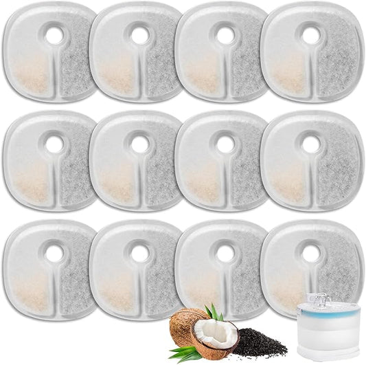 12 Packs Cat Water Fountain Filter Replacements Compatible with E1/E1+ Cat Fountain (2L/67oz), Triple Filtration System Pet Water Dispenser Filter