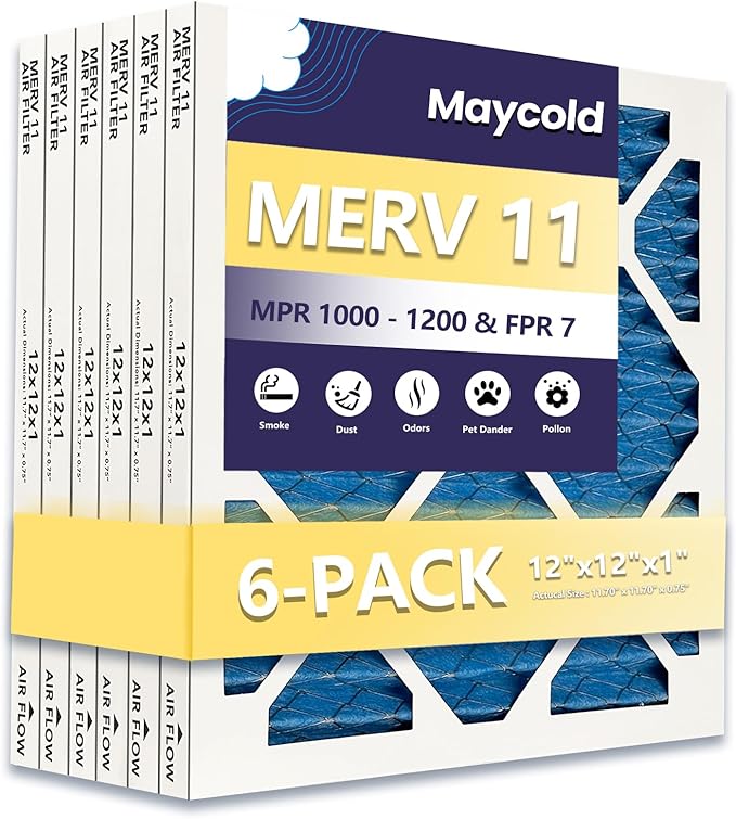 Maycold 12x12x1 MERV 11 Furnace Air Filter (6-Pack), High-Performance HVAC AC Filters for Home Use, Actual Size: 11.70” x 11.70” x 0.75”, Individually Wrapped in Plastic