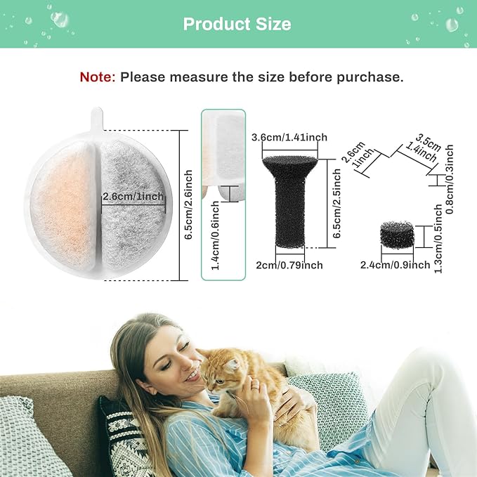 12 Pack Cat Water Fountain Filters for Lite & Premium 2.5L Drinking Fountain, Activated Charcoal and Ion Exchange Resin for Water Filtration, Replacement Filter/Foam/Sponge for 84 fl oz Pet Fountain