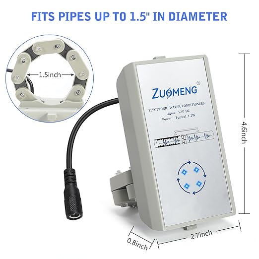 Electronic Water Descaler, Zuomeng Whole House Descaler with High Efficiency in Dissolving Scale for 2000-5000 sq ft Homes, 1.5” Pipes, Water Softener Alternative, No Chemicals, Salt or Filters